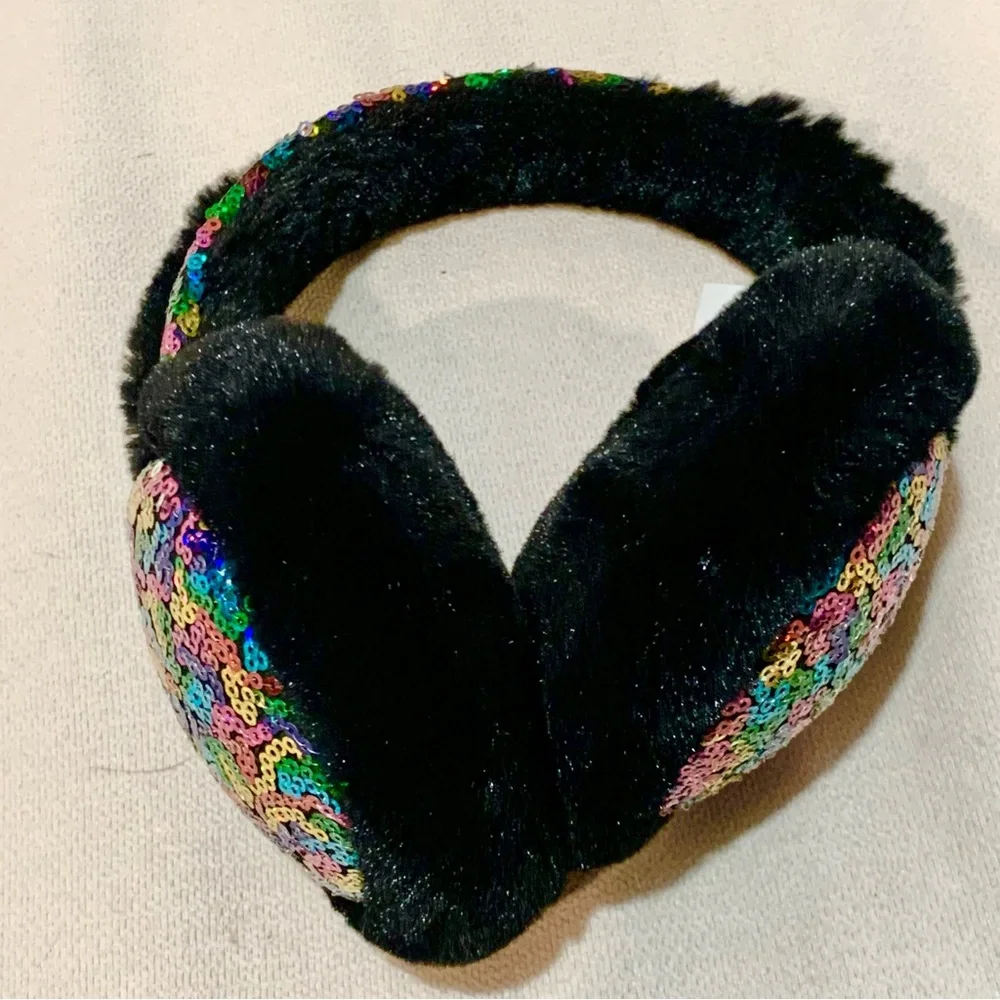 Girl’s Black Faux Fur Ear Muffs with Rainbow Sequins O/S More than Magic EUC OBO